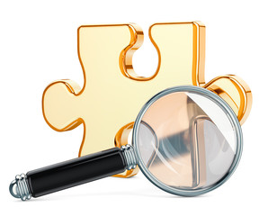 Magnifying glass with puzzle, analysis and search concept. 3D rendering