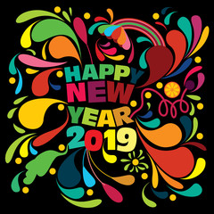 Colorful creative Happy New year 2019 wishes with splashes and floral design elements on a black background