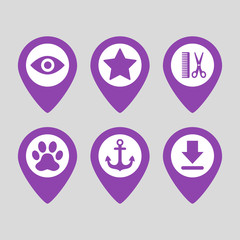 Map pin location icons set on gray background.