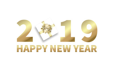 2019. Happy New Year. Card with gold shiny typography and realistic gift .