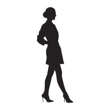 Businesswoman walking in high heels shoes and mini skirt, side view, isolated vector silhouette. Business people, model