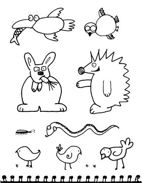 Hand drawn doodle odd strange funny animals isolated