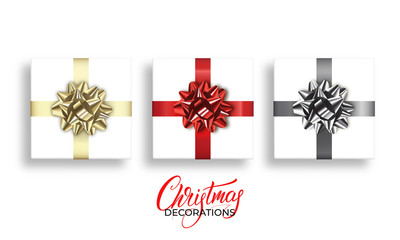 Xmas gift. Gifts with realistic gold, red and silver metallic bows. Christmas and New Year decorations.