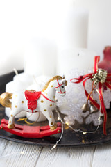 Toy rocking white horse. wooden horse - Christmas decoration - background for a greeting card