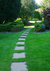 Beautiful lawn and  path in a garden - obrazy, fototapety, plakaty