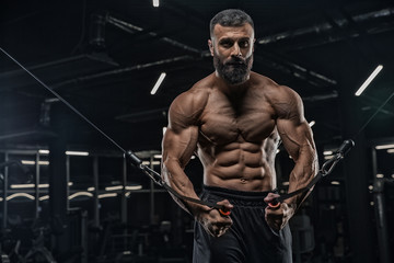 Young handsome male athlete bodybuilder doing workout in modern gym. training tricepts. Concept -...