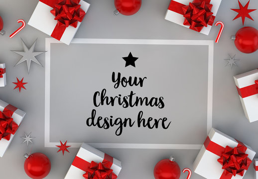 Christmas Card and Gifts on Gray Surface Mockup