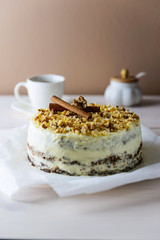 Homemade carrot cake on a wooden table