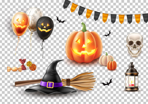 Vector halloween poster witch hat, broom balloon