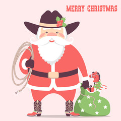 Cowboy Santa claus with western hat and holiday gifts .Vector christmas card illustration