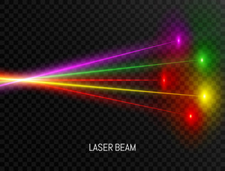 Colorful laser beam set isolated on transparent background. Neon lines in speed motion. Laser beam collection. Bright futuristic design elements. Vector illustration