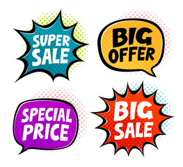 Sale, label set. Business, shopping, mall symbol in pop art retro comic style. Cartoon vector illustration
