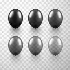 Set of grey shiny balloons isolated on transparent background.