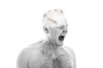 Overworked men with head full of stress.