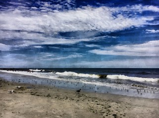 Hand drawing watercolor art on canvas. Artistic big print. Original modern painting. Acrylic dry brush background. Wonderful sea landscape. Travel view. Charming wild nature. Exotic tropical resort