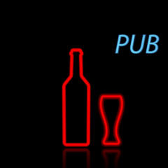 Beer bottle and glass, neon sign on a black background. Vector illustration.