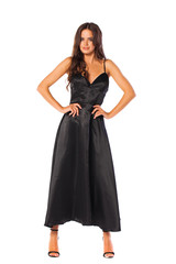 Full body, Young beautiful brunette woman in long black dress