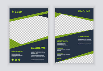 Modern geometric professional business brochure. Green and dark blue with image space. Template for annual report, flyer, poster, card, corporate presentation, portfolio, layout.