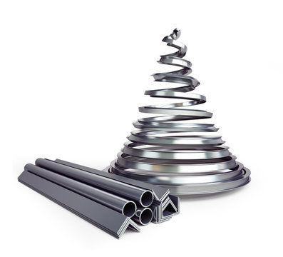 Metal fir tree on a white background 3D illustration, 3D rendering