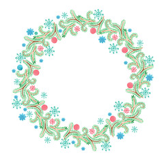 Fancy Christmas wreath with decorative balls, pine tree branches and cones. watercolor hand drawn illustration.