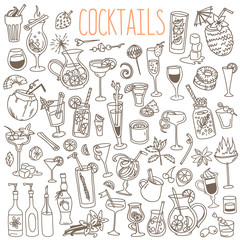 Cocktails and party drinks doodles set. Hand drawn vector illustration isolated on white background