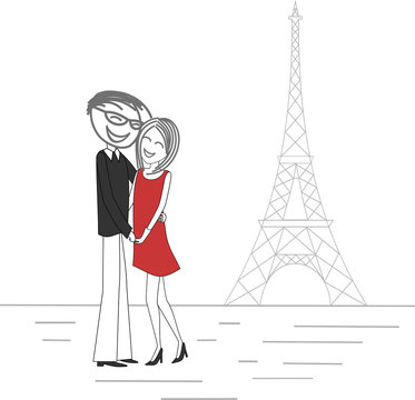 A couple of lovers in Paris in front of the Eiffel Tower