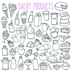 Milk and dairy products doodles set. Hand drawn vector illustration isolated on white background