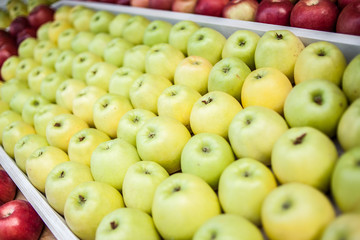 many green apples beautifully laid out on the market on the wind.Organic products.Farmers fruits.Selective focus.