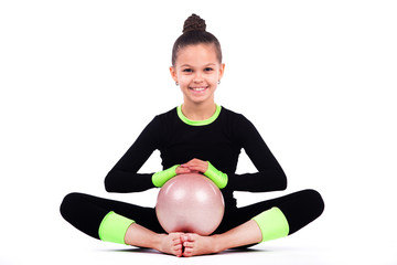 Fototapeta na wymiar Teenager girl doing rhythmic gymnastics exercises on white background 