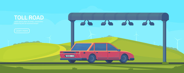 Wireless automated toll collection gate on highway. Checkpoint on the toll road. Web banner. Vector flat illustration.