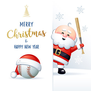 Merry Christmas and Happy New Year. Sports greeting card. Cute Santa Claus with Baseball ball and Baseball bat. Vector illustration.
