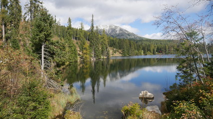 Strbske pleso and Tatra peaks visible from the back. A village located in the valley, from which tourists are moving to the Tatras. Colorful waters of a mountain pond, blue sky and unending peaks.