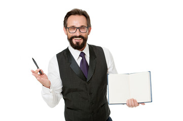 Speaker business conference isolated white. Join elite business academy event. Man formal clothes...