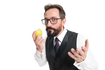 Healthy vision sight nutrition tips. Best foods for eye health. Eye health concept. Tips eye health and maintaining good eyesight. Businessman classic formal clothing and eyeglasses hold eat apple