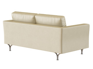 Beige leather sofa with a pillow with iron legs on a white background 3d rendering