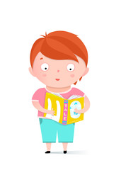 Little boy standing with book greeting card design. Vector cartoon.
