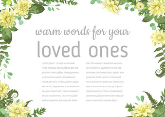Wedding invitation, beautiful greeting card, vector watercolor banner. Angled frame with green eucalyptus leaves, forest fern, boxwood, flowers of yellow dahlia