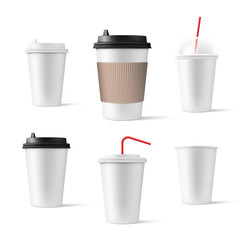 Set of realistic blank mockup paper cups with plastic lid. Coffee to go, take out mug. Vector illustration isolated and can be use for any backgrounds. EPS10.