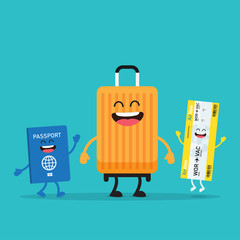 Travelling. Suitcase and passport characters