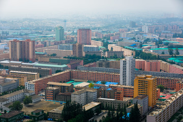 Obraz premium North Korea, Pyongyang - Panoramic shooting of the central part of North Korea's capital city Pyongyang 