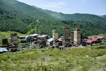 Ushguli is one of the highest continuously inhabited settlements in Europe; in the Caucasus Mountains, Georgia. It is  UNESCO World Heritage Site dominated by stone defensive towers (Svan towers).