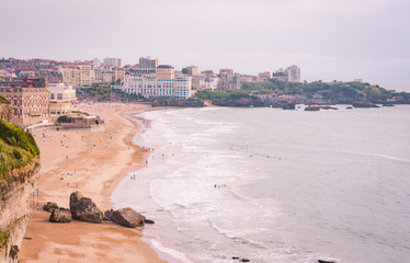 Biarritz city and its famous sand beaches - Miramar and La Grande Plage, Bay of Biscay, Atlantic coast, France . - obrazy, fototapety, plakaty