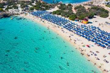 A symmetrical aerial photo of a beautiful beach in Ayia Napa