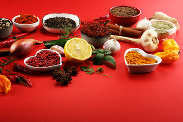 Spices and herbs on table. Food and cuisine ingredients.