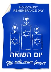 Holocaust remembrance day, hebrew text yom hashoah. Flyer with drawing in street art style with candles. Israel national colors blue and white, vector EPS10