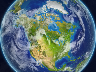 Fototapeta premium North America from space on realistic model of planet Earth with very detailed planet surface and clouds.