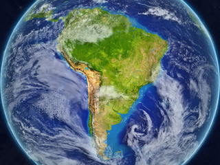 South America from space on realistic model of planet Earth with very detailed planet surface and clouds.