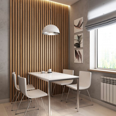 interior of the dining room, white table, lamp above the table, window, pictures on the wall.