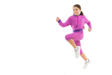 Girl cute kid with long ponytails sportive costume jump isolated on white. Working out with long...