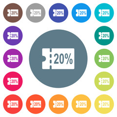 20 percent discount coupon flat white icons on round color backgrounds